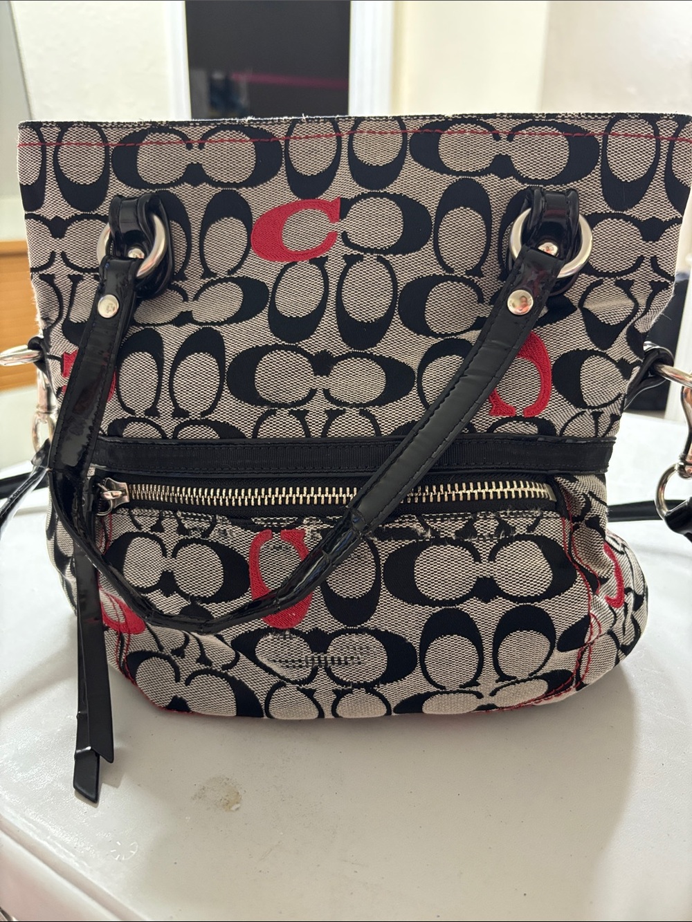 Coach Signature Canvas Tote Bag in Black, Red & Cream